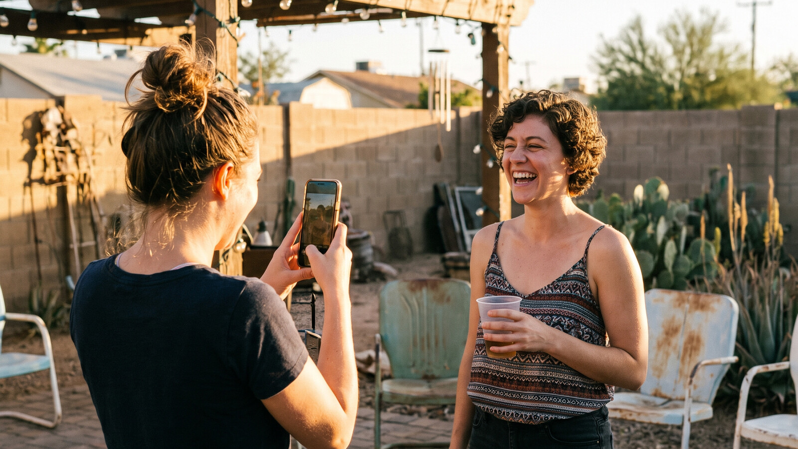 A friend photographing a laughing woman at a backyard gathering in Phoenix